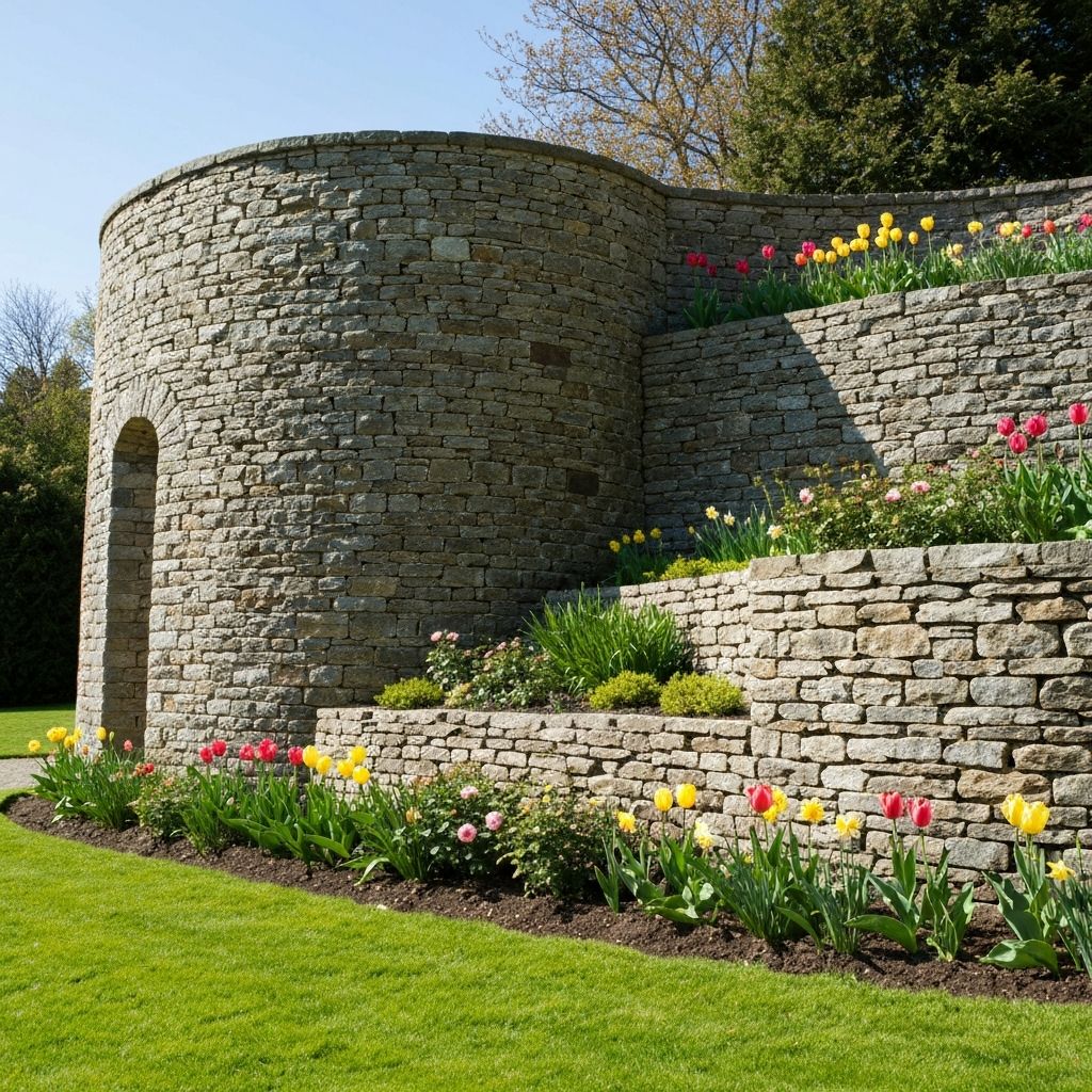Armour stone retaining wall with landscaping