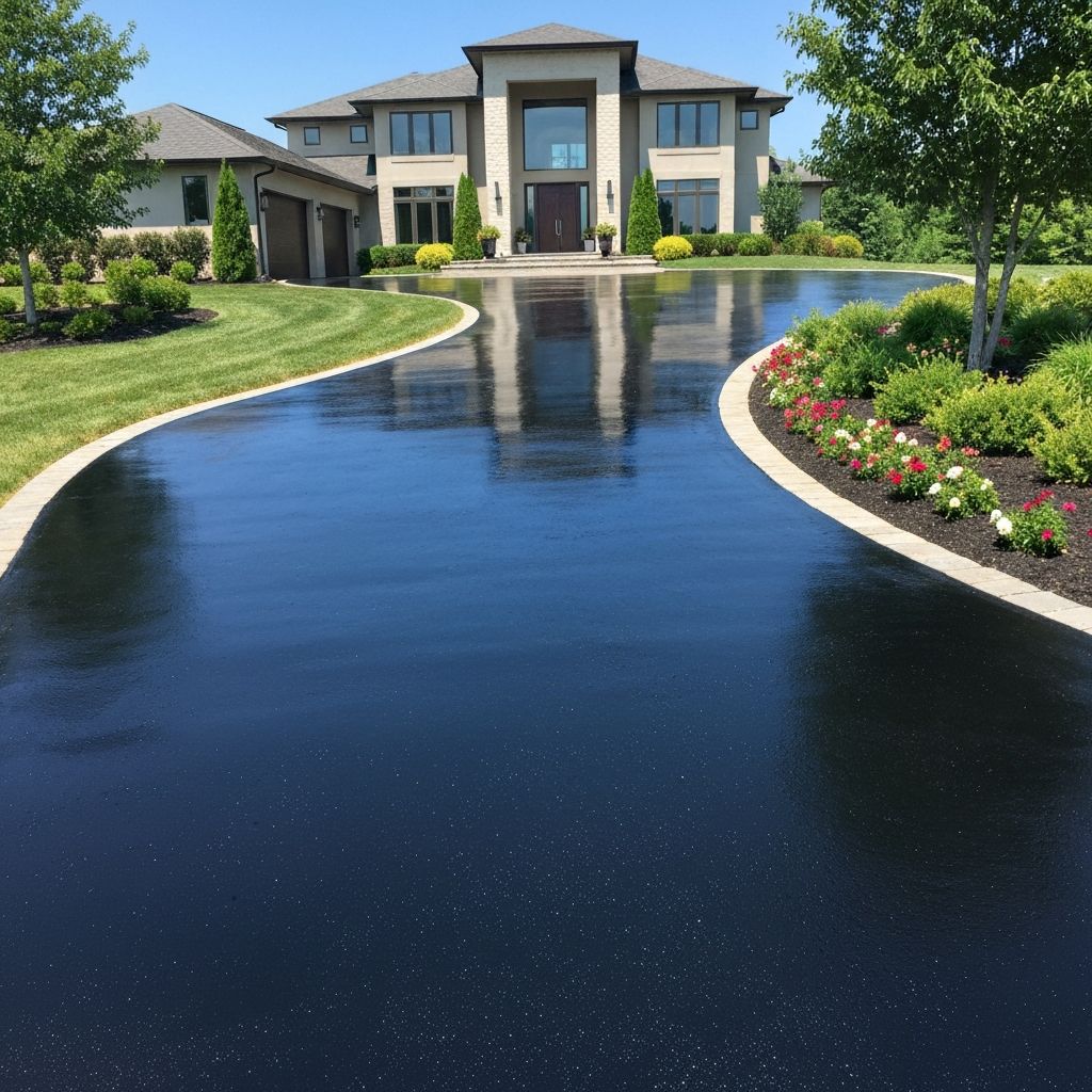 Freshly sealcoated asphalt driveway